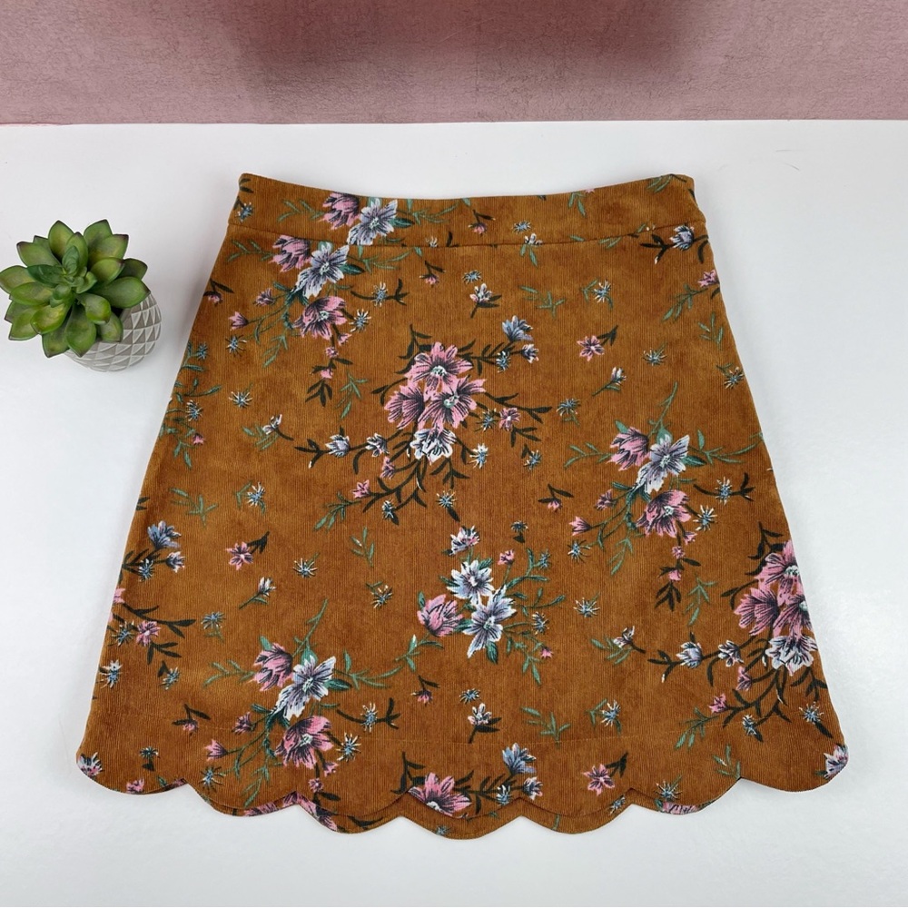 Chance Brown Pink Green Floral Scallop Skirt Women Medium